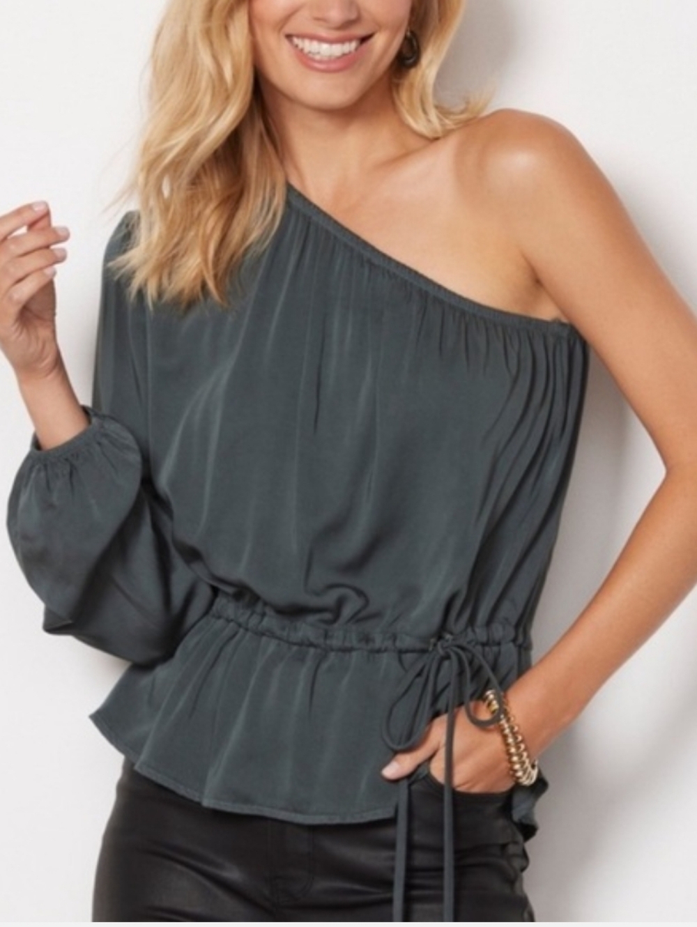 Cloth & Stone Evereve New One-Shoulder Luxe Satin Smoky Green Gray Size Medium